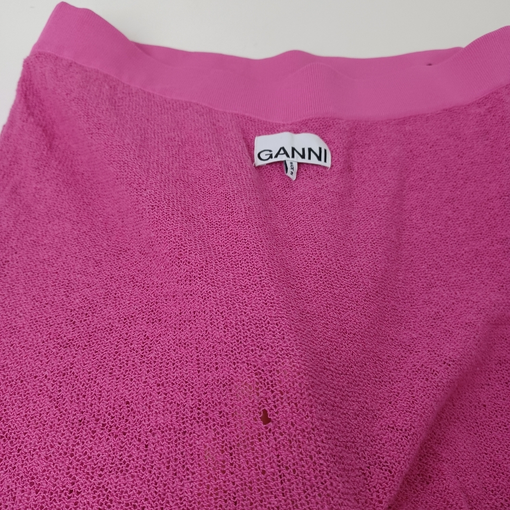Ganni Ruffle Knit Midi Skirt Size M Women Preppy Linen Blend Pull On In Pink - Picture 11 of 15